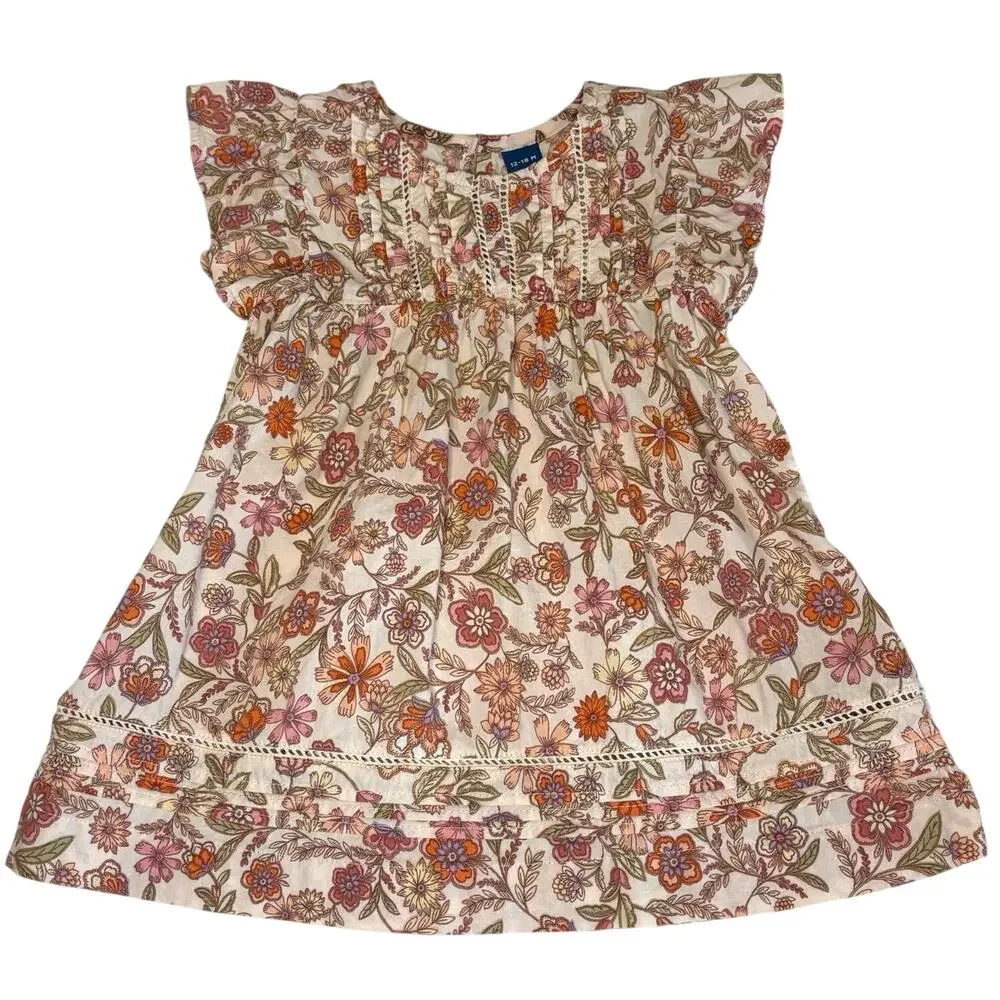 Old Navy Floral Print Pintucked Swing Dress Baby Girl 12-18M Cream Coral